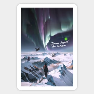 Tranquil Landscape: Aurora Borealis & Birds Flying High on top of Iced Mountains Magnet